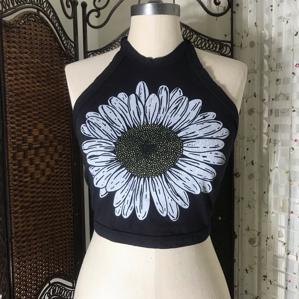 Urban Outfitters Future State Black Halter Daisy Graphic Crop Top